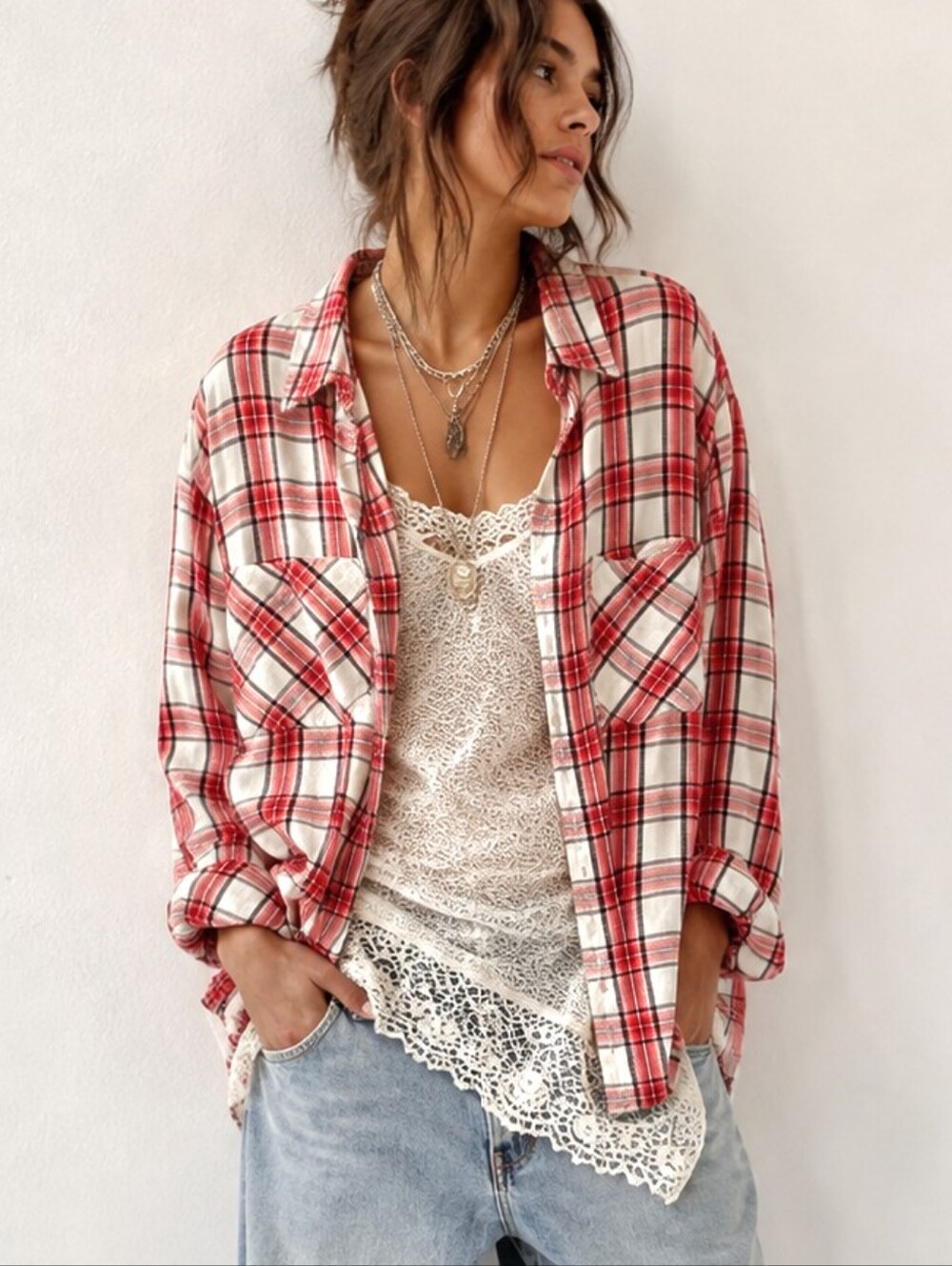 Express Plaid Button Down Pink Brown Shirt